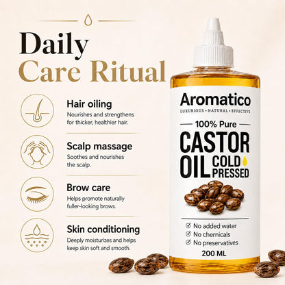 Aromatico Pure Cold Pressed Castor Oil for Hair, Eyelashes & Eyebrows - Natural Carrier Oil for Skin, Hair & Scalp Care - Thick Conditioning Oil for DIY Beauty - 7 fl oz