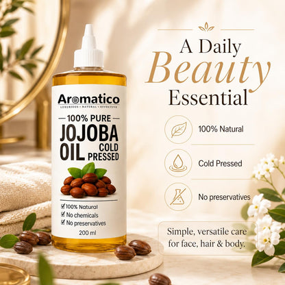 Aromatico Cold Pressed Jojoba Oil - 7 Fl Oz - Natural Hair, Face & Body Oil - Lightweight Moisturizing Carrier Oil for Dry Scalp, Skin Care, Beard, Cuticles & Massage
