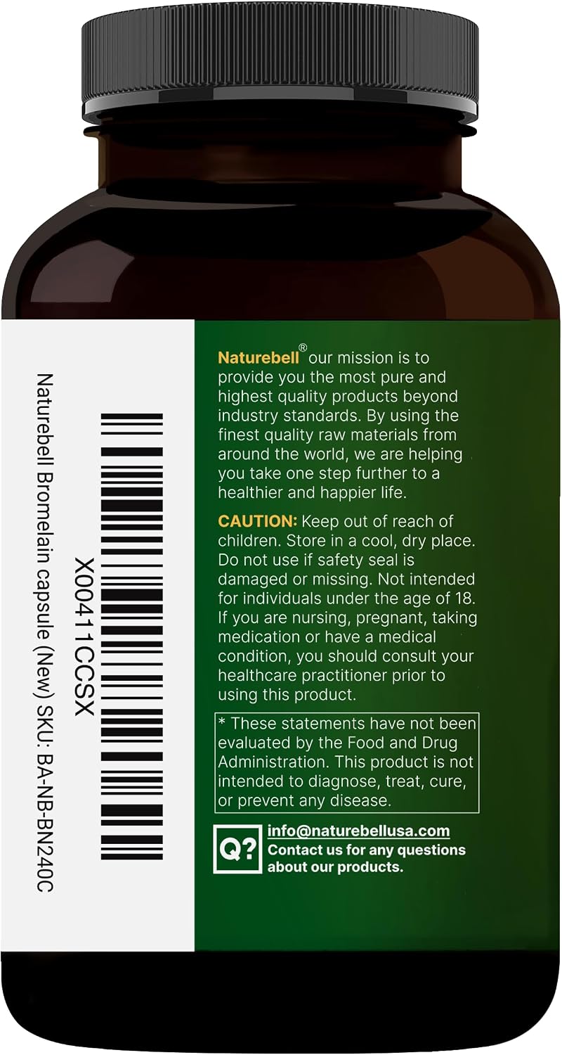 NatureBell Bromelain, 1,000mg Per Serving, 240 Veggie Capsules - 2,400 GDU – Digestive Enzymes & Joint Support Supplement – Proteolytic Enzymes for Digestion, Fresh Pineapple Source – Non-GMO