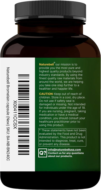 NatureBell Bromelain, 1,000mg Per Serving, 240 Veggie Capsules - 2,400 GDU – Digestive Enzymes & Joint Support Supplement – Proteolytic Enzymes for Digestion, Fresh Pineapple Source – Non-GMO