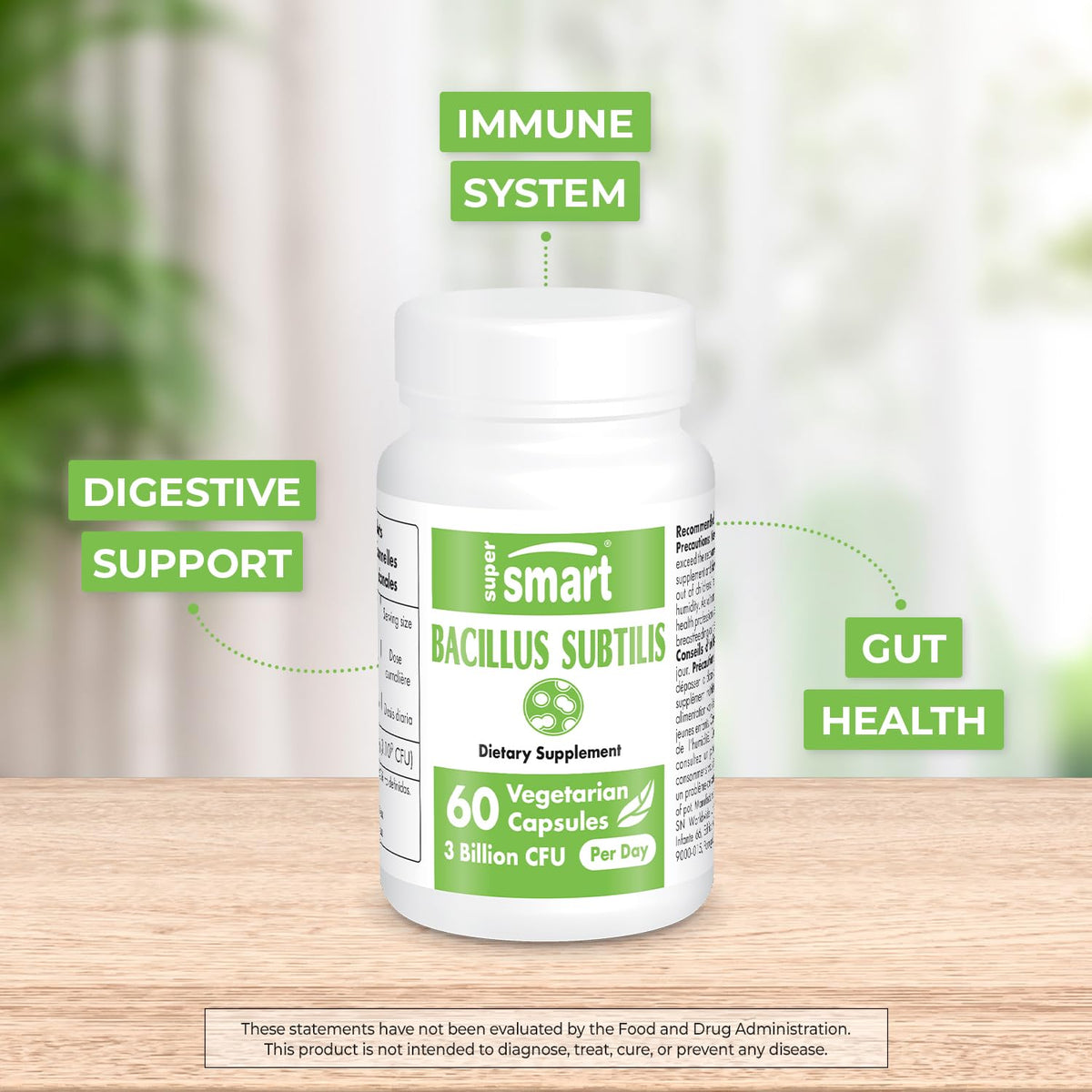 Supersmart - Bacillus Subtilis 3 Billion CFU per Day (High Potency) - Spore Probiotic