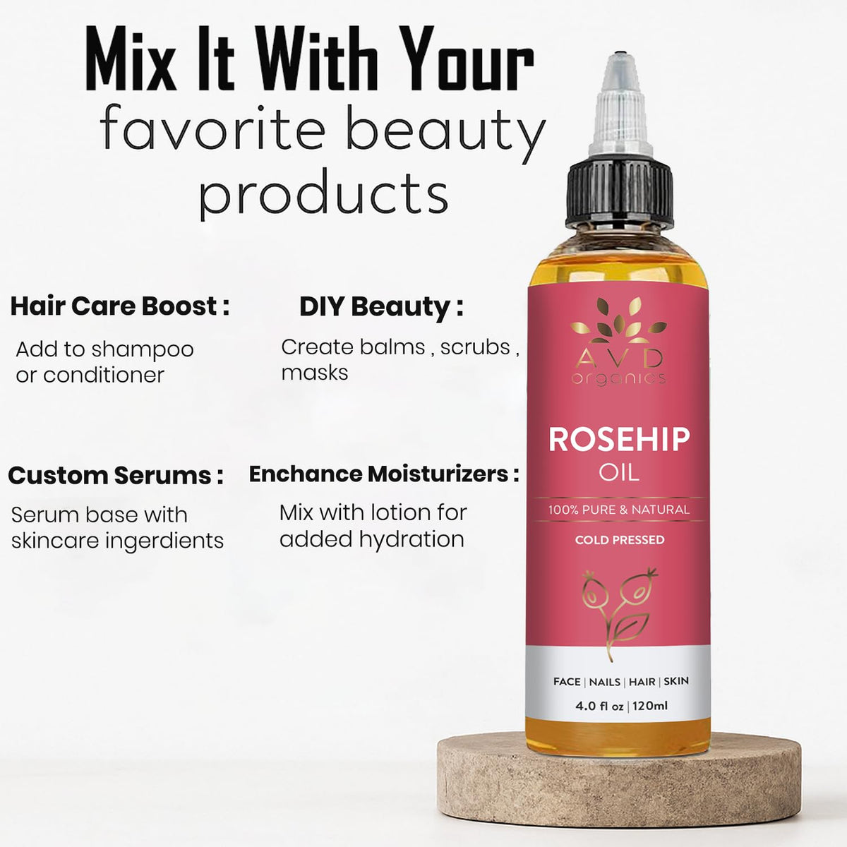 AVD ORGANICS Rosehip Oil for Face 120ml - 100% Pure, Cold-Pressed Huile de Rose Musquée - Rose hip Oil for Face, Skin, Hair, Scalp & Nails - Moisturizing for Daily Use (4.05 fl oz)