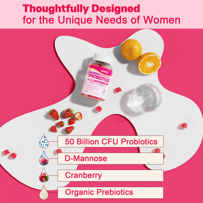 Probiotics for Women Gummies, Sugar Free Vaginal Probiotics 50 Billion CFU 10 Strains w/ Cranberry