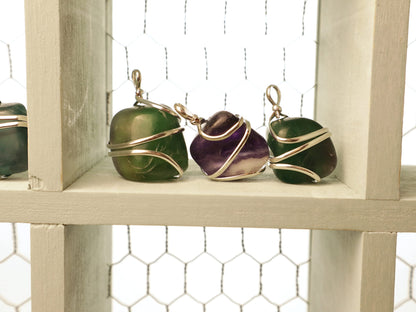 Shelf and Stone Rainbow Fluorite Wire Wrapped Pendant - Dark Hued Fluorite Crystal Necklace