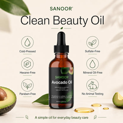 SANOOR Avocado Oil, Premium Carrier Oil for Hair, Skin & Body Care, Cold-Pressed Avocado Oil, Lightweight Oil for Massage, Hair Lengths, Scalp & Dry-Feeling Skin, Hexane-Free, 60 ml