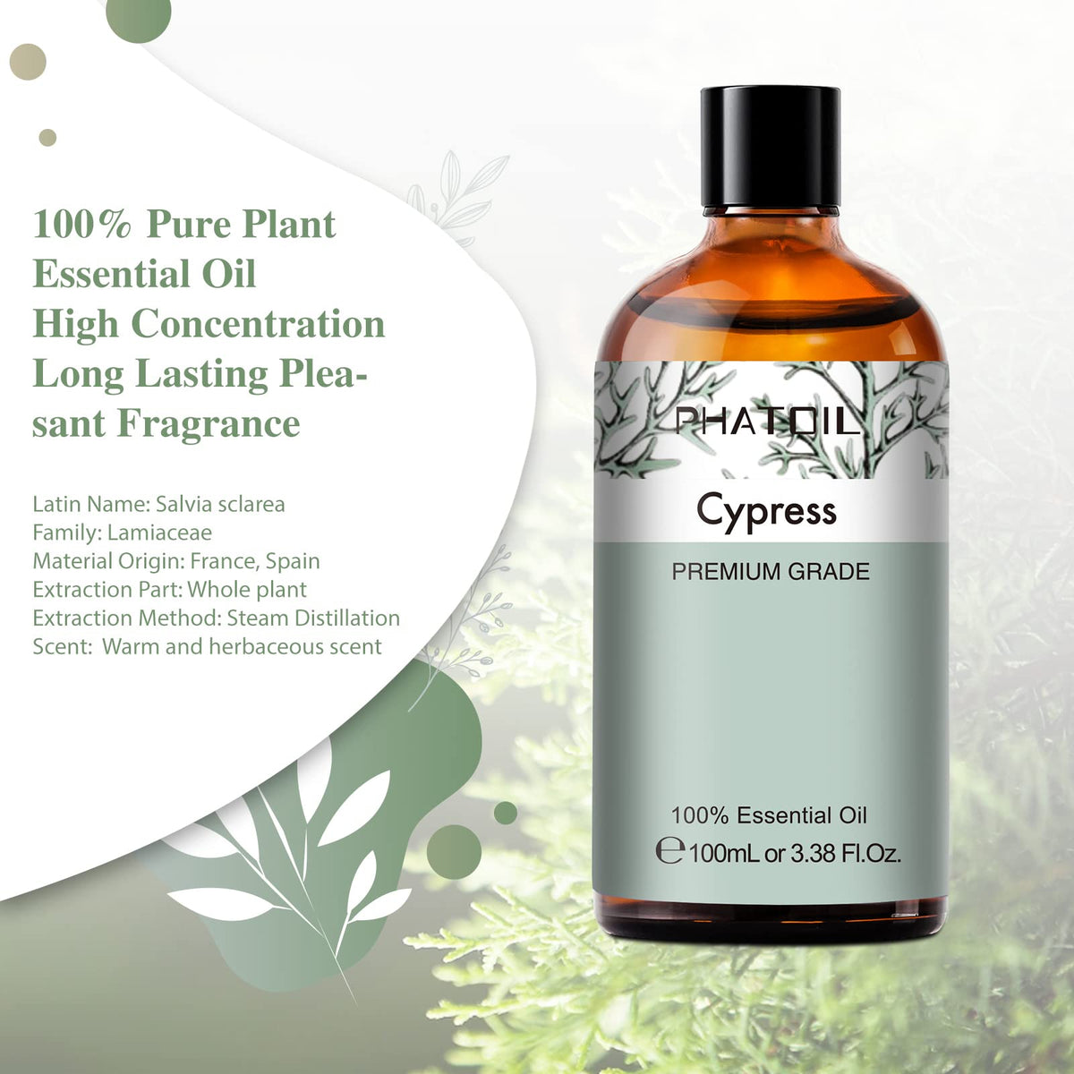 Cypress 3.38fl.oz Essential Oil, PHATOIL Aromatherapy Essential Oils for Diffuser, Humidifier