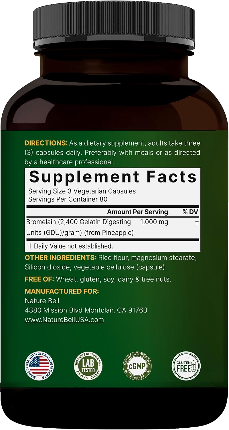 NatureBell Bromelain, 1,000mg Per Serving, 240 Veggie Capsules - 2,400 GDU – Digestive Enzymes & Joint Support Supplement – Proteolytic Enzymes for Digestion, Fresh Pineapple Source – Non-GMO