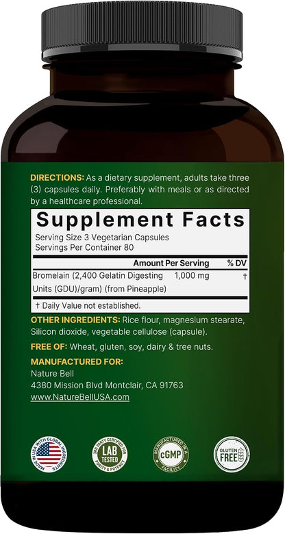 NatureBell Bromelain, 1,000mg Per Serving, 240 Veggie Capsules - 2,400 GDU – Digestive Enzymes & Joint Support Supplement – Proteolytic Enzymes for Digestion, Fresh Pineapple Source – Non-GMO