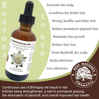 Best Natures Bhringraj Oil, Indian Eclipta Alba Oil, Pure and Natural, Cleans scalp, Improve overall appearance of hair. Goodbye Dandruff, For Graying, Hello Luminously shiny hair / 2 fl oz