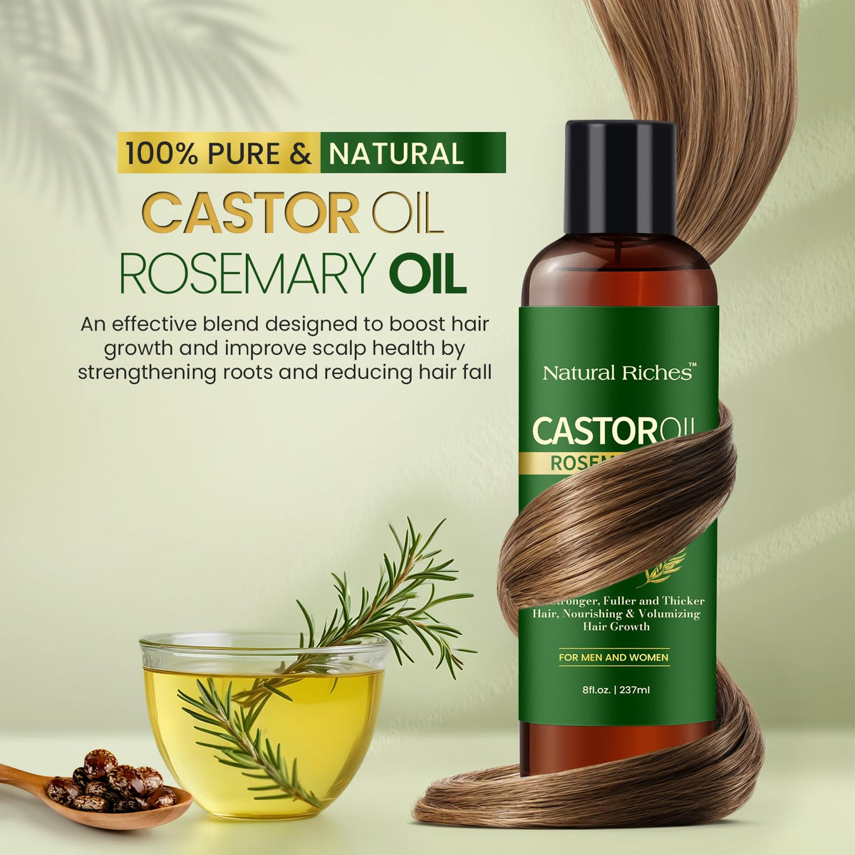 Natural Riches Castor Oil with Rosemary, 8 fl oz - Organic Blend for Thicker, Fuller Hair Growth - Premium Grade Hair Treatment.