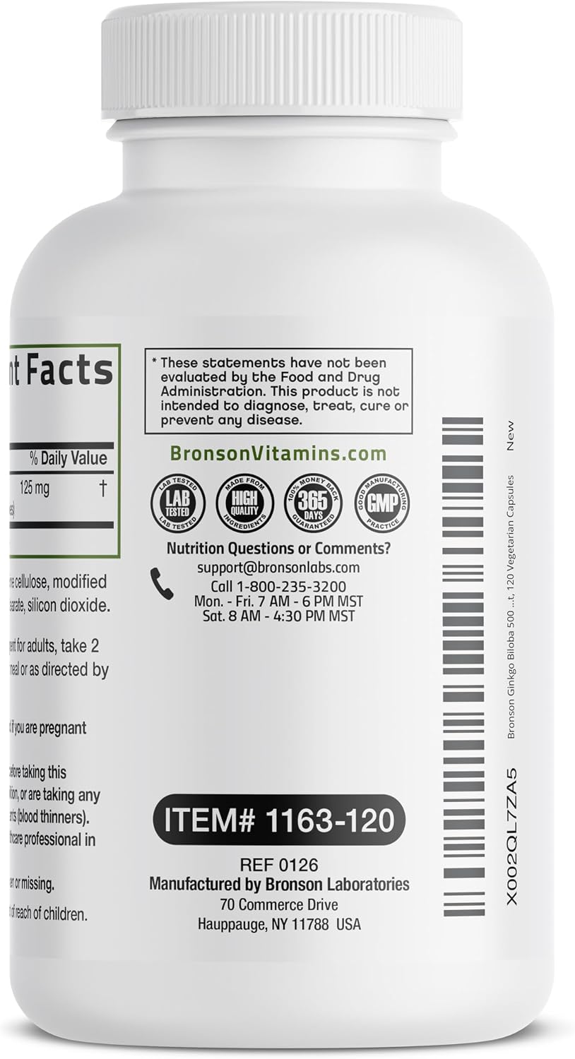 Bronson Ginkgo Biloba Extra Strength Brain & Memory Support 120 Capsules - Vegetarian, Non-GMO, Gluten Free, Soy Free, Memory, Cognitive & Brain Health Support