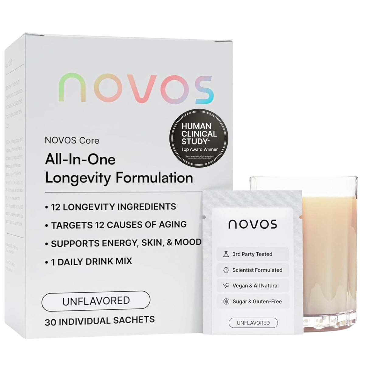 Novos Core - Clinically Studied Daily Longevity Supplement - 12 Active Ingredients for Healthy Aging, Energy, Cognition & Skin Health - Human Clinical Trial Backed - Orange Flavored - 30 Servings