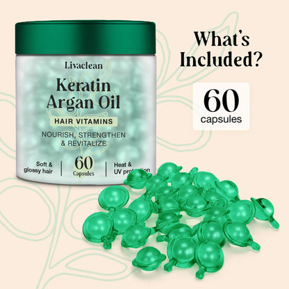 LivaClean 60 CT Hair Serum Capsules for Frizzy, Damaged Hair - Vitaminas para el Cabello - Keratin & Argan Oil with Biotin, Vitamins E, B5, B7, Jojoba Oil - Shine Boost & Split End Repair