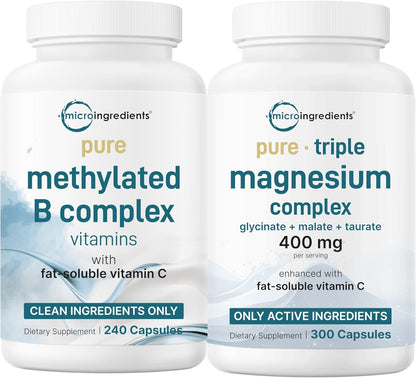 Micro Ingredients Pure Methylated B Complex & Pure Triple Magnesium 400mg Capsules - 2 Pack Bundle - Glycinate, Malate, B12, Thiamin, Fat Soluble Vitamin C, & More - Clean Ingredients Without Fillers