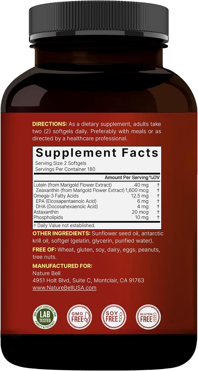 Lutein 40mg + Zeaxanthin 1,600mcg, 360 Softgels - 4-in-1 Formula with Astaxanthin, Omega-3 & Phospholipids - Marigold Flower Extract - Supports Eye, Brain & Vision Health - Non-GMO, Gluten Free