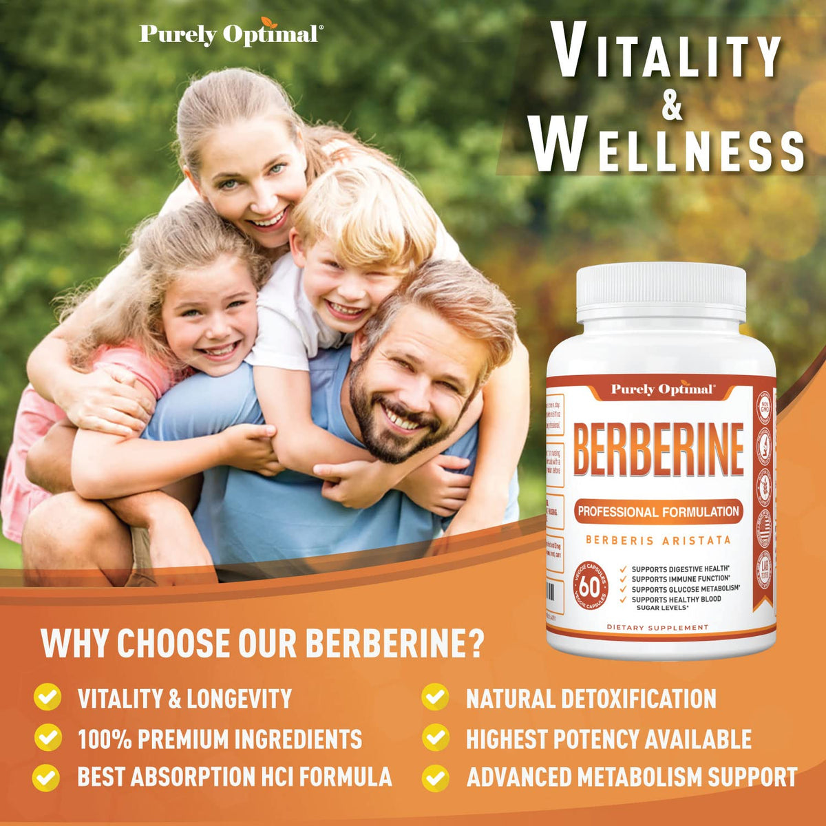Purely Optimal Premium Berberine Supplement - 1200mg Berberine HCl, Non-GMO