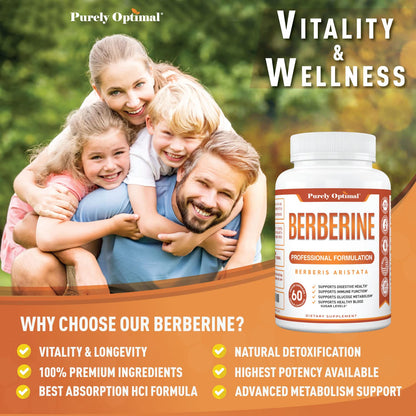 Purely Optimal Premium Berberine Supplement - 1200mg Berberine HCl, Non-GMO