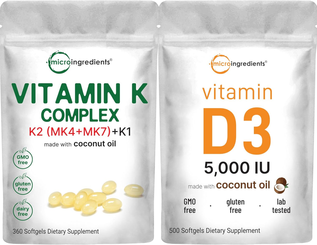 Micro Ingredients Super Vitamin K Complex (K2 MK7 + MK4 & K1) & Vitamin D3 5,000 IU Bundle Pack - Easily Absorbed K Vitamins, Active Menaquinone Complex - Vitamin D as Cholecalciferol