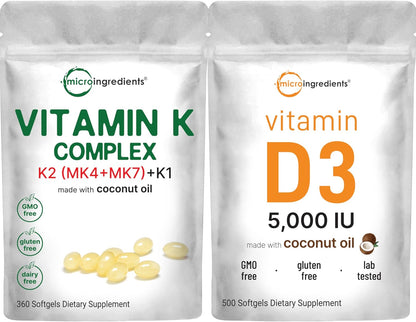 Micro Ingredients Super Vitamin K Complex (K2 MK7 + MK4 & K1) & Vitamin D3 5,000 IU Bundle Pack - Easily Absorbed K Vitamins, Active Menaquinone Complex - Vitamin D as Cholecalciferol