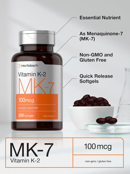 Horbäach Vitamin K2 MK7 100mcg - 250 Softgels - Non-GMO, Gluten Free Supplement