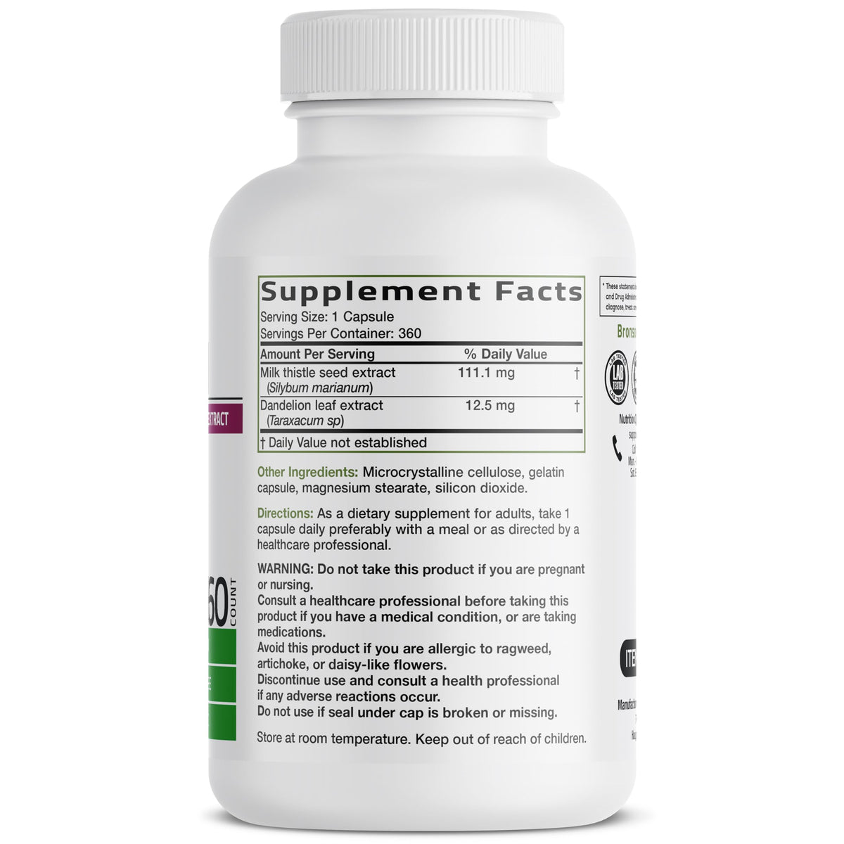 Bronson Milk Thistle Silymarin Marianum & Dandelion Extract, 120 Capsules - 2-in-1 Liver Cleanse, Health, Detox & Antioxidant Support, Non-GMO, Gluten-Free, Soy-Free