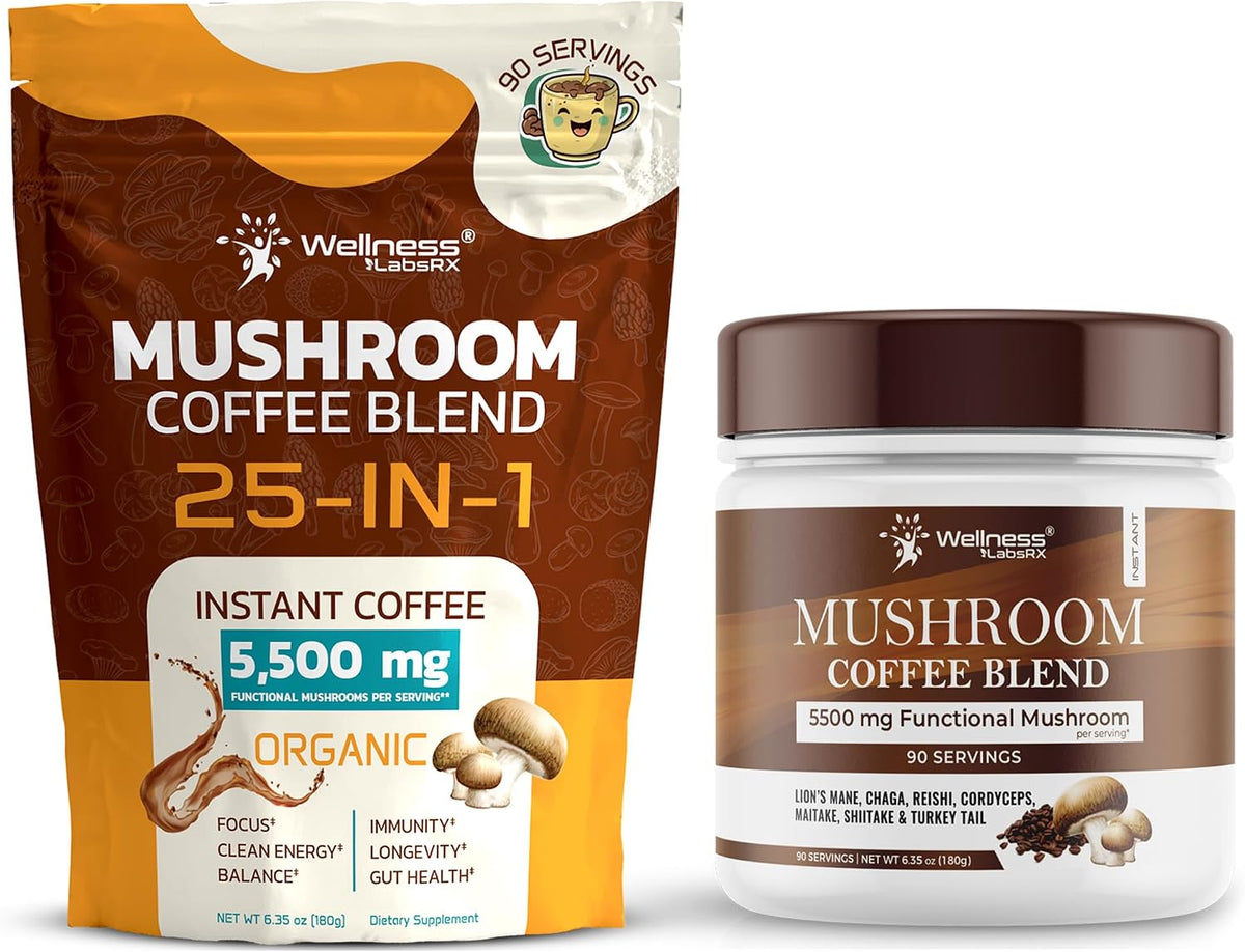 WELLNESS LABSRX Mushroom Coffee 25-in-1 with Instant Mushroom Coffee Blend 5500mg - Bundle