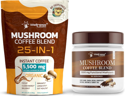 WELLNESS LABSRX Mushroom Coffee 25-in-1 with Instant Mushroom Coffee Blend 5500mg - Bundle