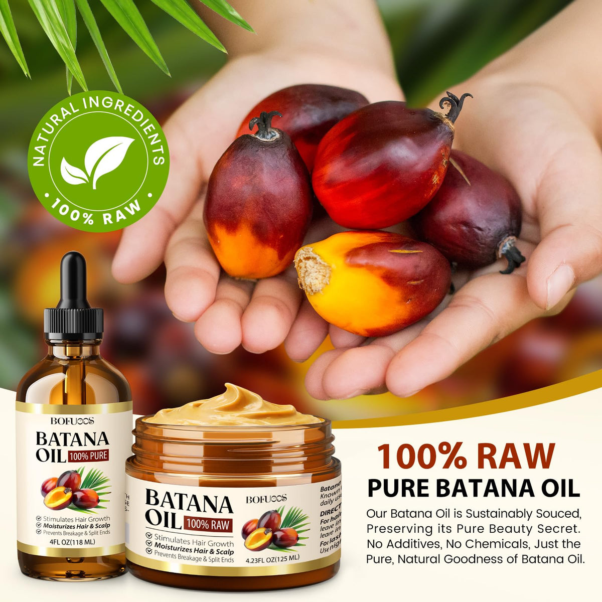 Bofuoos Raw Batana Oil for Hair Growth, 100% Natural Organic from Honduras