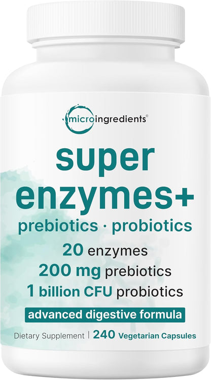 Micro Ingredients Super Enzymes with Prebiotics & Probiotics, 240 Veggie Capsules - Digestive Enzymes for Women & Men - Probiotic, Bromelain, Psyllium Husk & More - Immune & Gut Health Support*
