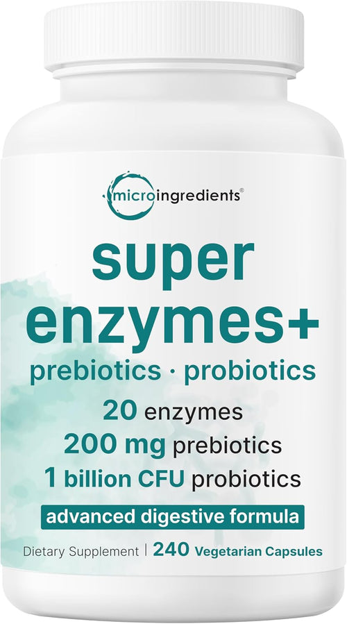 Micro Ingredients Super Enzymes with Prebiotics & Probiotics, 240 Veggie Capsules - Digestive Enzymes for Women & Men - Probiotic, Bromelain, Psyllium Husk & More - Immune & Gut Health Support*
