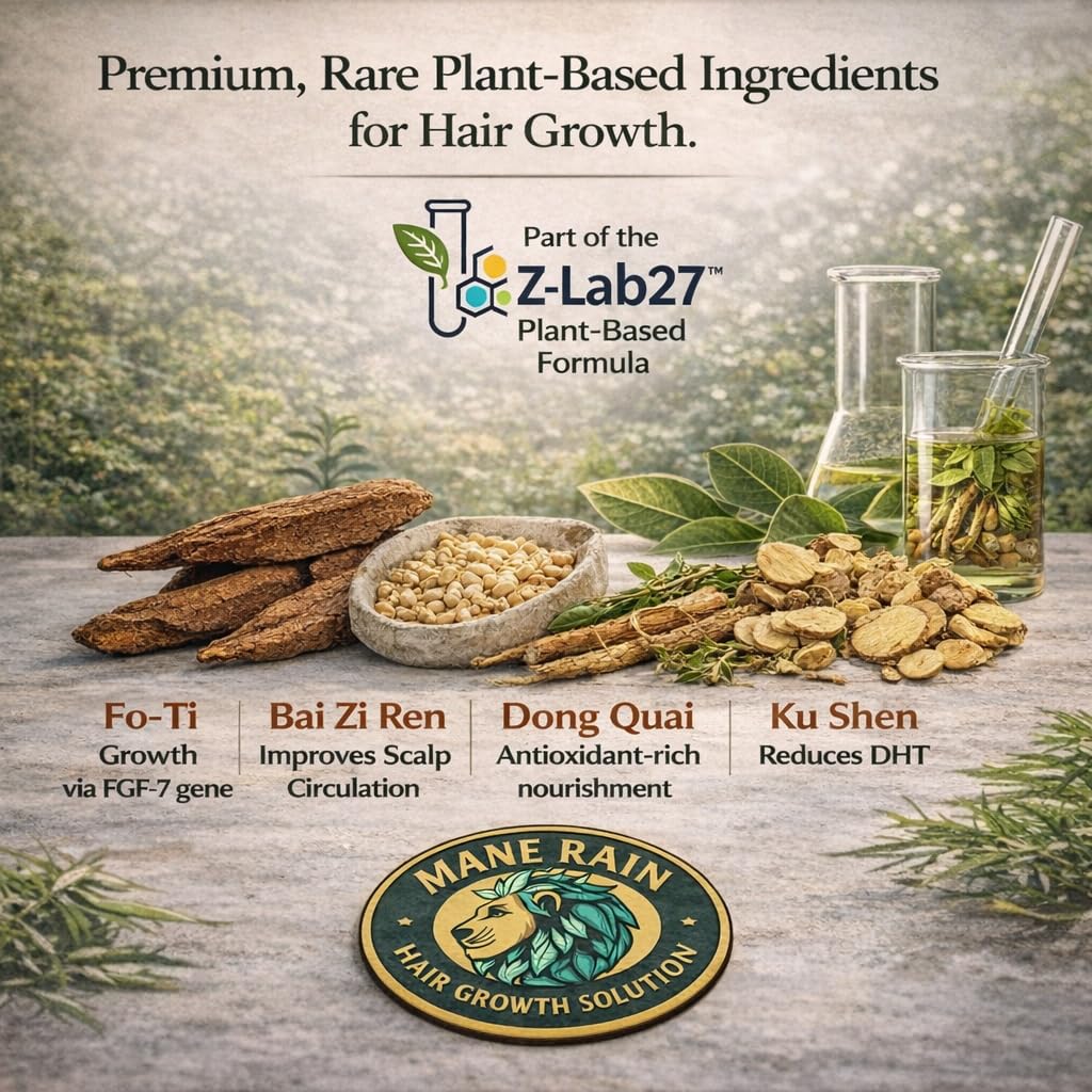 Mane Rain Hair Growth for Men and Women-Z-LAB27 BioActive Plant Formula Awakens Hibernating Roots-Stimulates and Nourishes Scalp-Blocks DHT-Fuller Thicker Hair-Made in USA