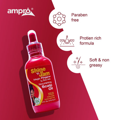 AmPro Shine-n-Jam Magic Fingers Nourishing Scalp Oil - Intensely Moisturizes and Soothes Dry or Sensitive Areas - Formulated with Natural Oils and Nutrients - Promotes Healthy Hair - 4 oz