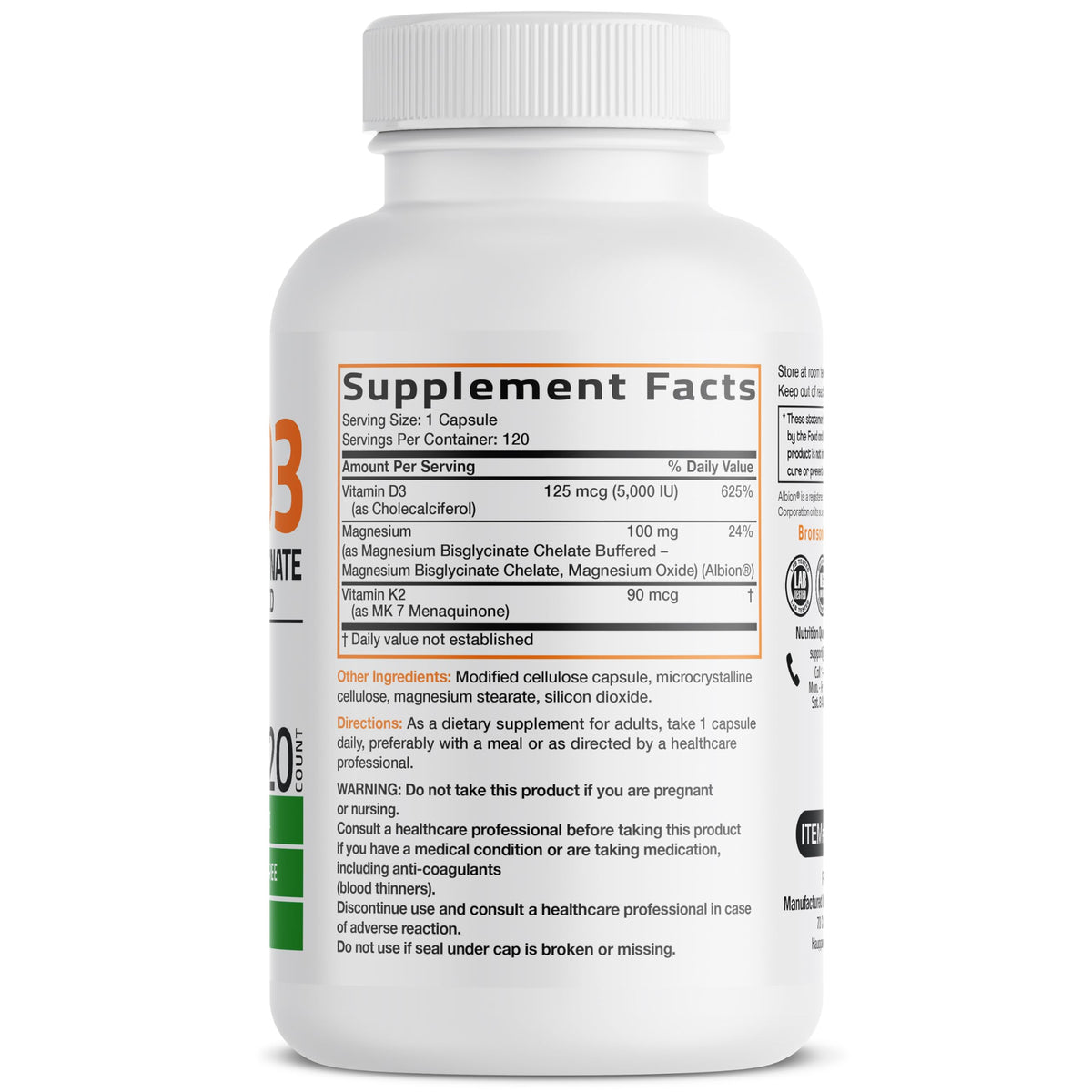 Bronson Vitamin K2+D3 Magnesium Glycinate Supplement, 60 Capsules - 3-in-1 Bone & Heart Health Support Formula, Non-GMO, Gluten Free, Soy Free