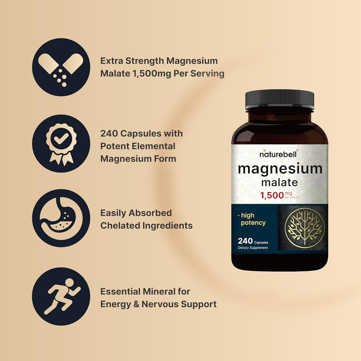 NatureBell Magnesium Malate 1,500mg, 240 Capsules - Chelated for High Absorption - Energy & Nervous System Support - Non-GMO, Gluten-Free