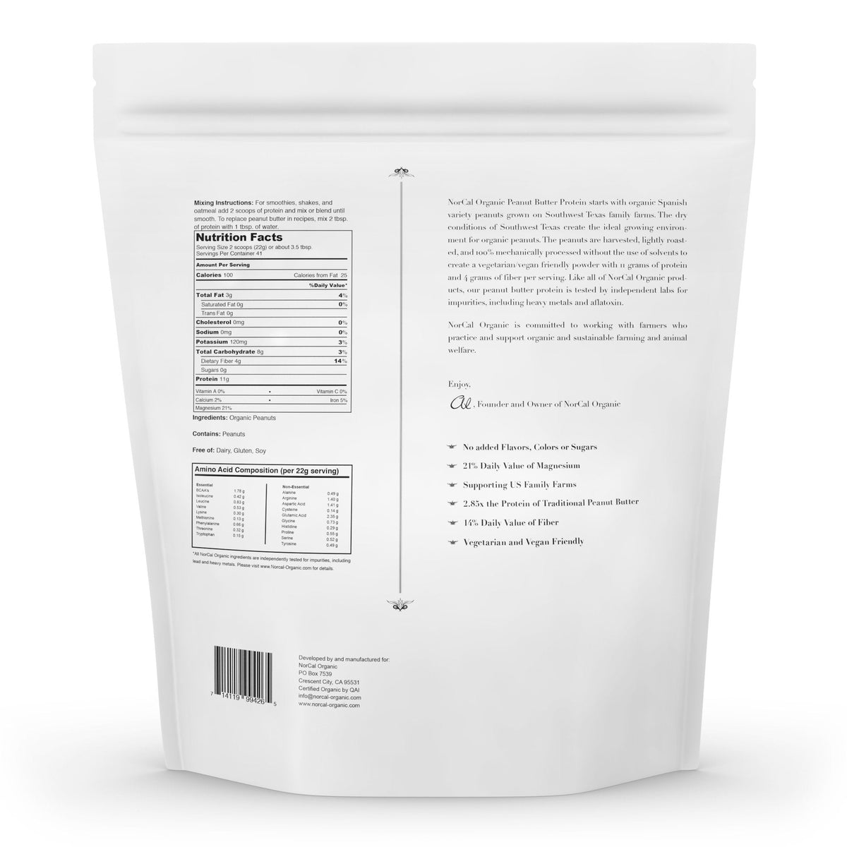 Norcal Organic Peanut Butter Protein Powder - 2lb - Vegan, Low-Cal, 11g Protein