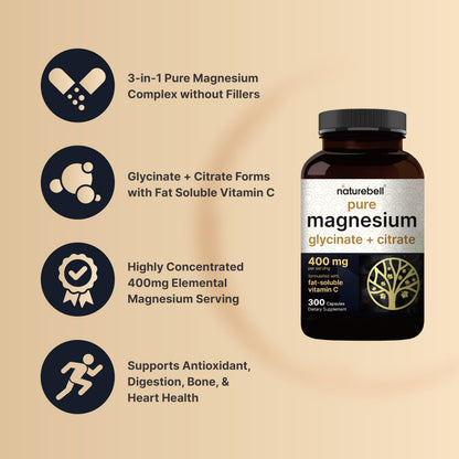 Magnesium Complex 400mg, 300 Capsules - Glycinate, Citrate - Chelated & Purified - Bone, Heart & Digestion Support - Non-GMO
