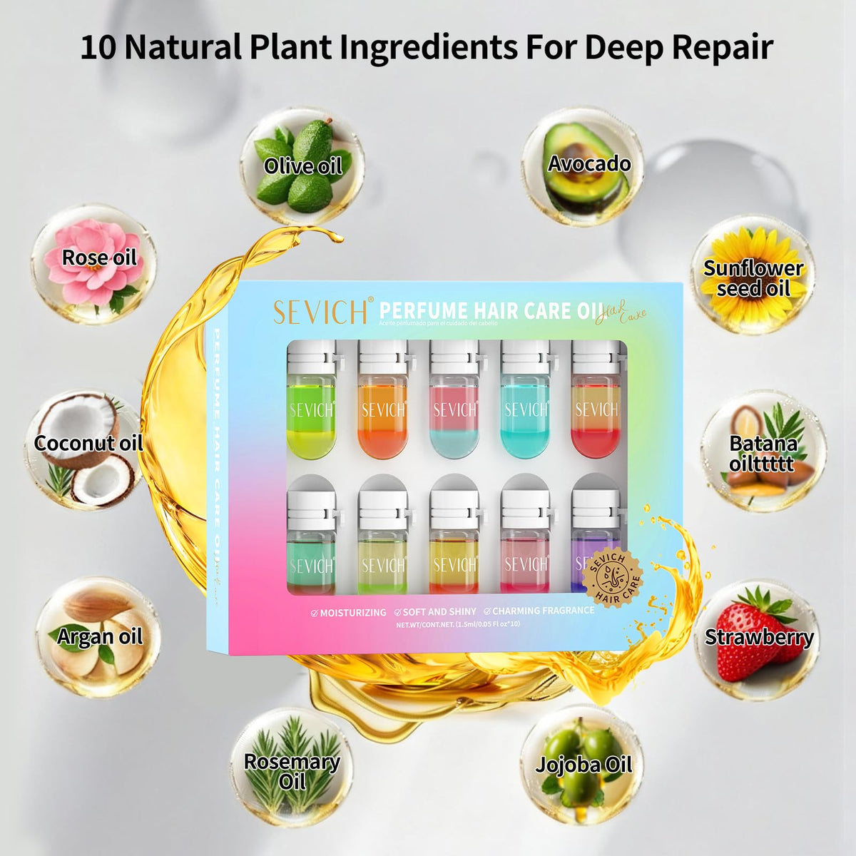 SEVICH Perfume Hair Oil Capsules 10-Pack, 2-in-1 Hair Treatment & Lightweight Serum, Heat & UV Protection, Frizz Control & Shine, Portable Travel Hair Care for All Hair Types