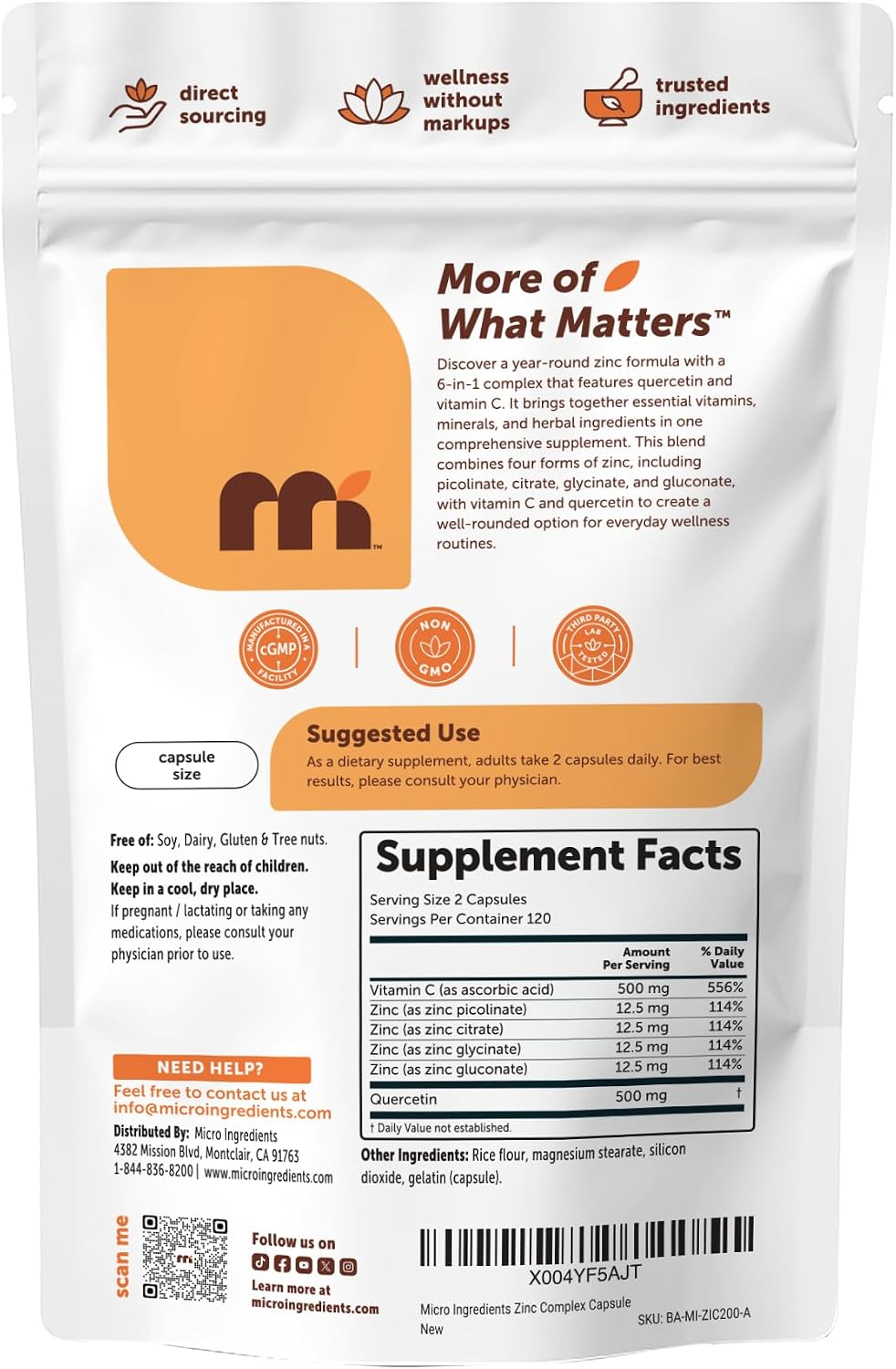 Micro Ingredients Quercetin with Vitamin C & Zinc, 240 Capsules - 6‑in‑1 Formula with Quercetin, Vitamin C & 4 Zinc Forms (Picolinate, Citrate, Glycinate, Gluconate) - Non‑GMO