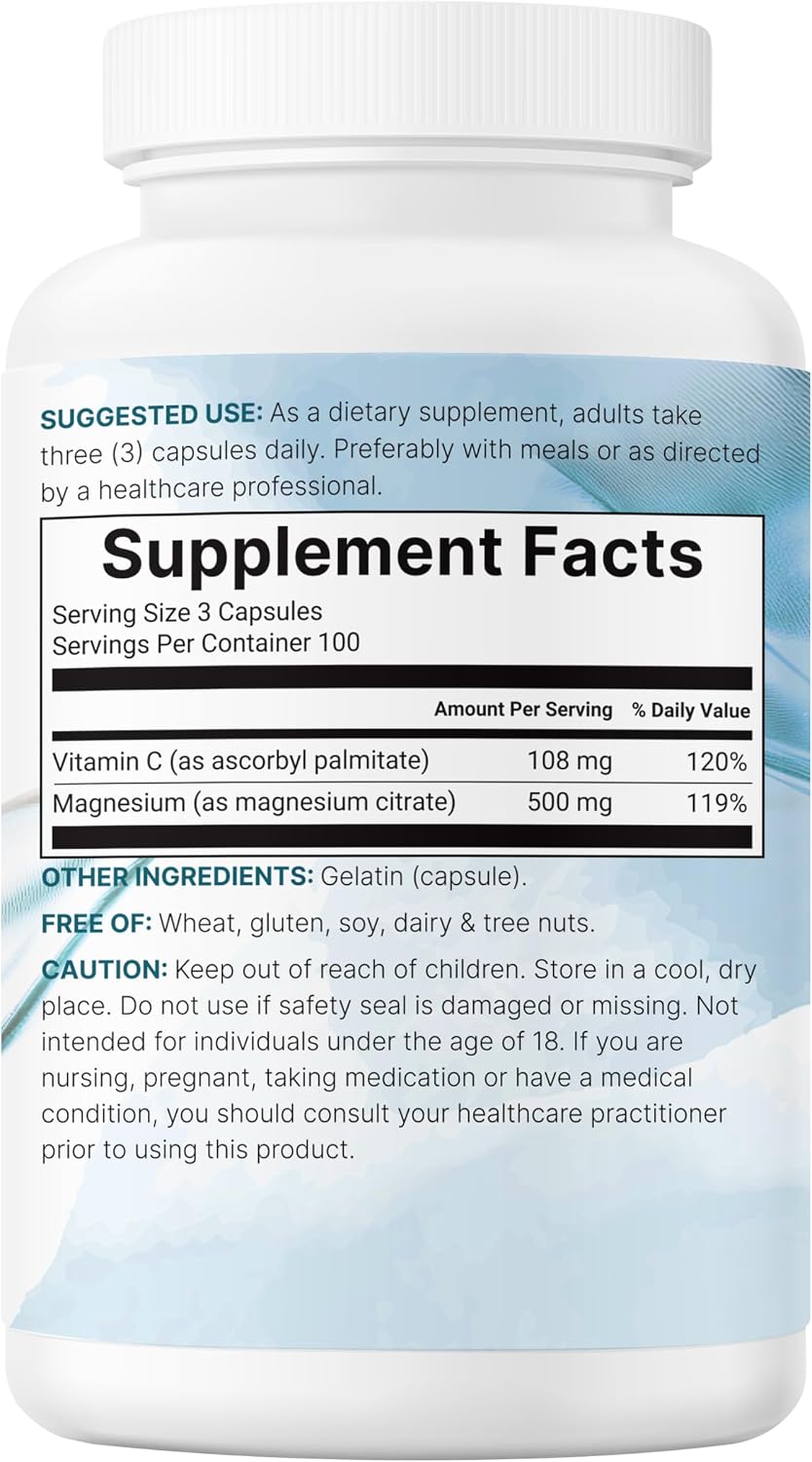 Pure Magnesium Citrate Supplements 500mg, 300 Capsules - Fat-Soluble Vitamin C Added - 100% Chelated - Only Active Ingredients
