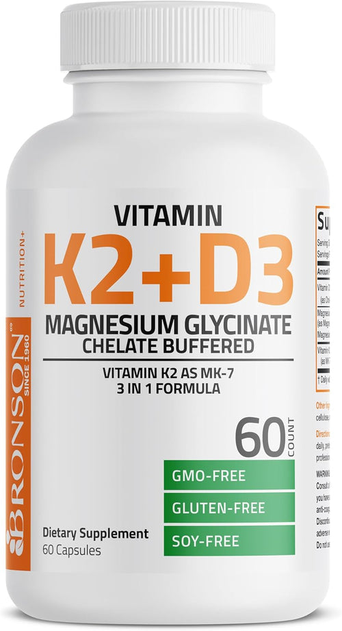 Bronson Vitamin K2+D3 Magnesium Glycinate Supplement, 60 Capsules - 3-in-1 Bone & Heart Health Support Formula, Non-GMO, Gluten Free, Soy Free