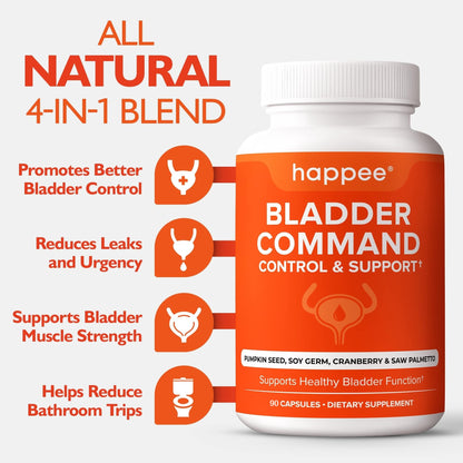Happee Bladder Control Supplement for Women & Men - Pumpkin Seed Extract, Soy Germ, Saw Palmetto & Cranberry Blend - Bladder Support for Urinary Frequency, Leaks & Urgency - 60 Capsules