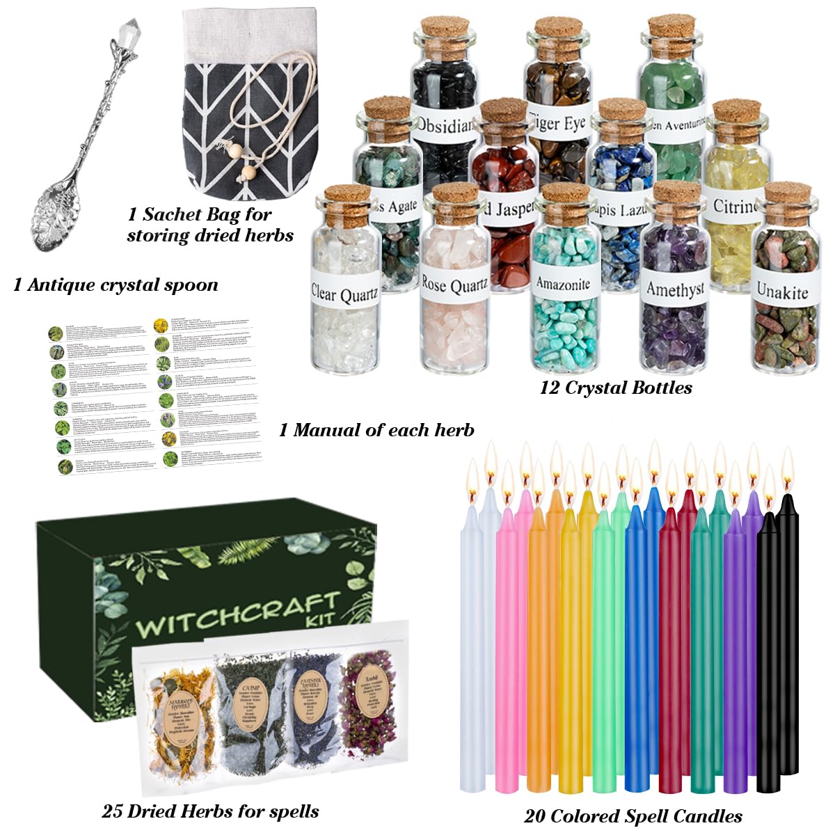 JUSTASHOW 61PCS Witchcraft Supplies for Wiccan Spells, Witchcraft Starter Kit, Spell Candles