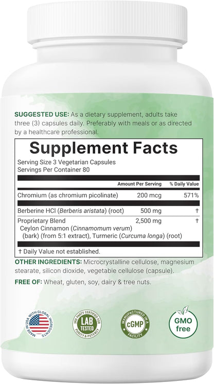 Micro Ingredients Berberine with Ceylon Cinnamon, 240 Veggie Capsules - High Absorption Berberine HCI Supplement + Turmeric Root & Cinnamon Bark Extract - Non-GMO, Gluten Free