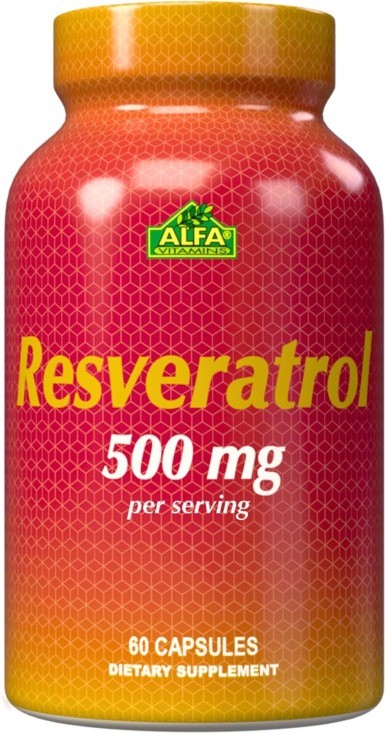 Resveratrol 1000mg by Alfa Vitamins - Powerful Antioxidant, Helps prevent cell damage - Supports Brain Function, Cardiovascular Health, Metabolism, anti-aging effects - 60 Capsules
