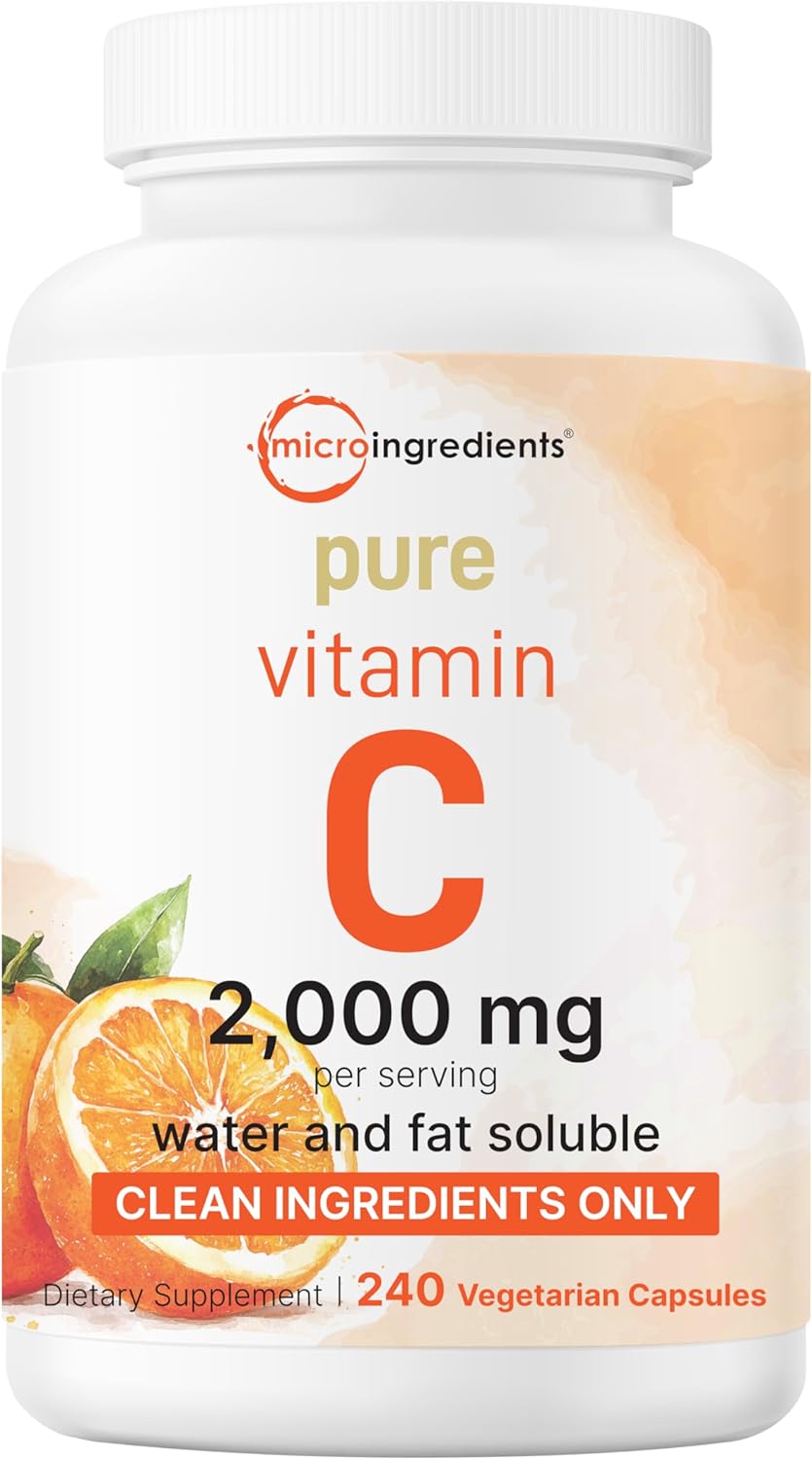 Pure Vitamin C 2,000mg, 240 Veggie Capsules - Highly Bioavailable Fat & Water Soluble Forms - Max Potency - Antioxidant & Immune Support Supplement - Easily Absorbed, Non-GMO, Filler Free