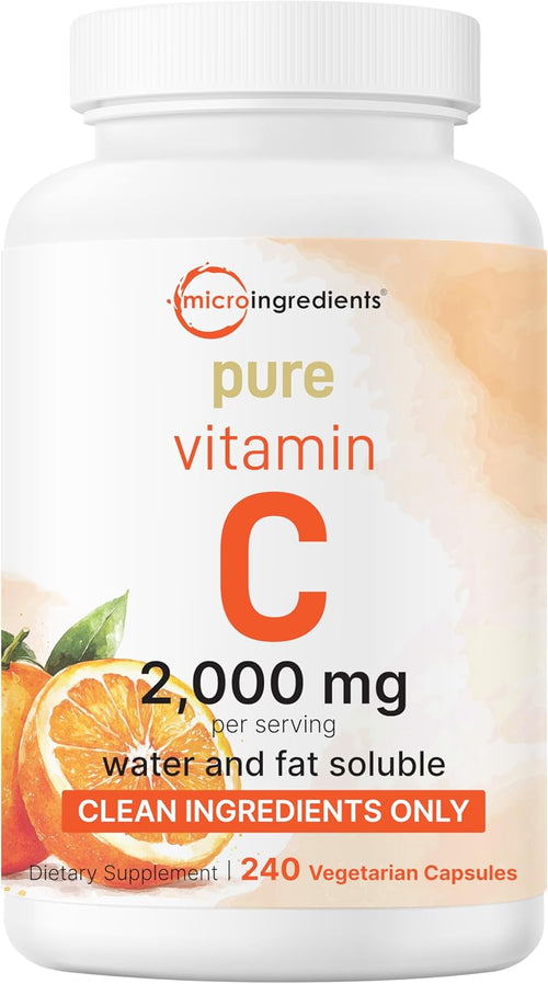 Pure Vitamin C 2,000mg, 240 Veggie Capsules - Highly Bioavailable Fat & Water Soluble Forms - Max Potency - Antioxidant & Immune Support Supplement - Easily Absorbed, Non-GMO, Filler Free