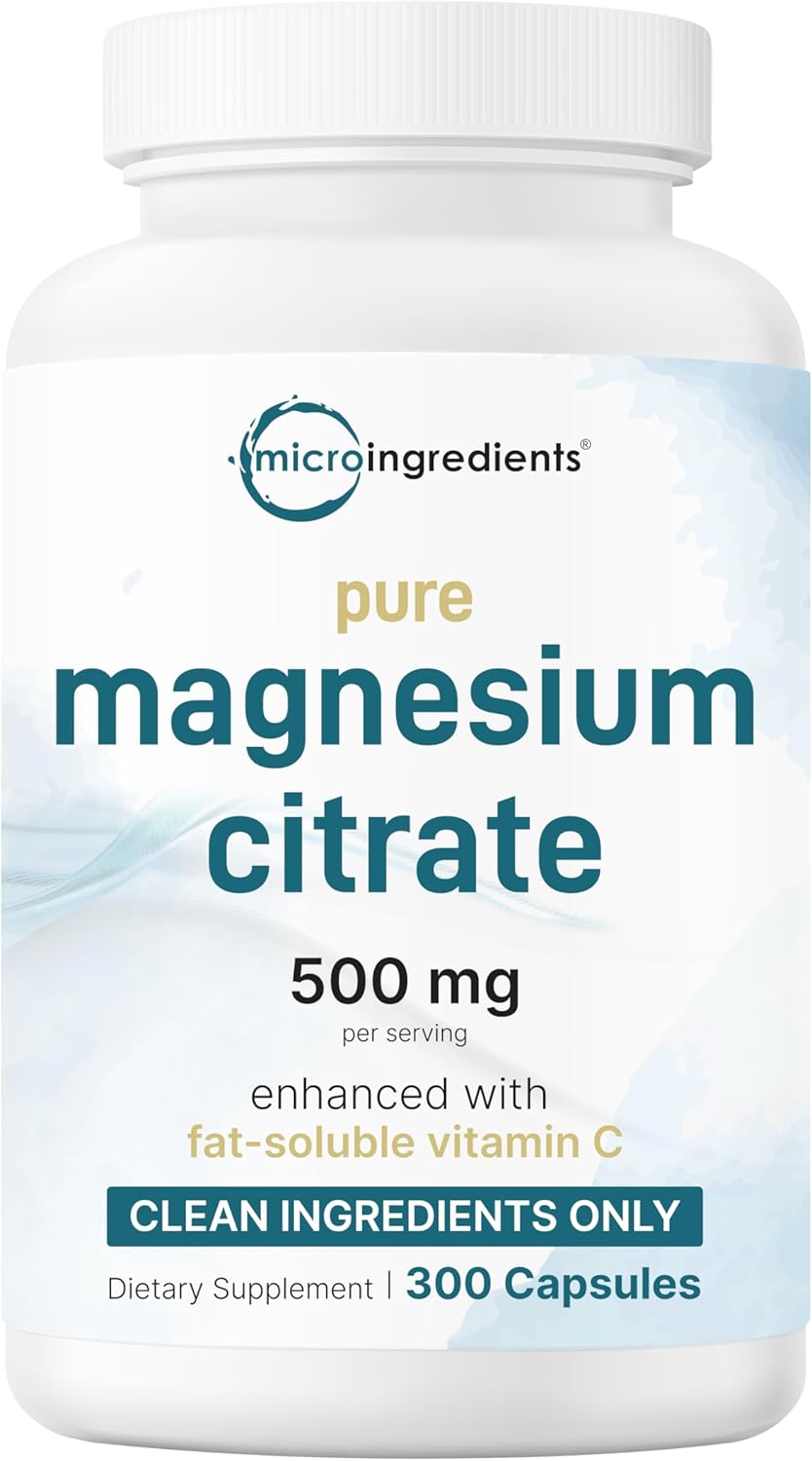 Pure Magnesium Citrate Supplements 500mg, 300 Capsules - Fat-Soluble Vitamin C Added - 100% Chelated - Only Active Ingredients