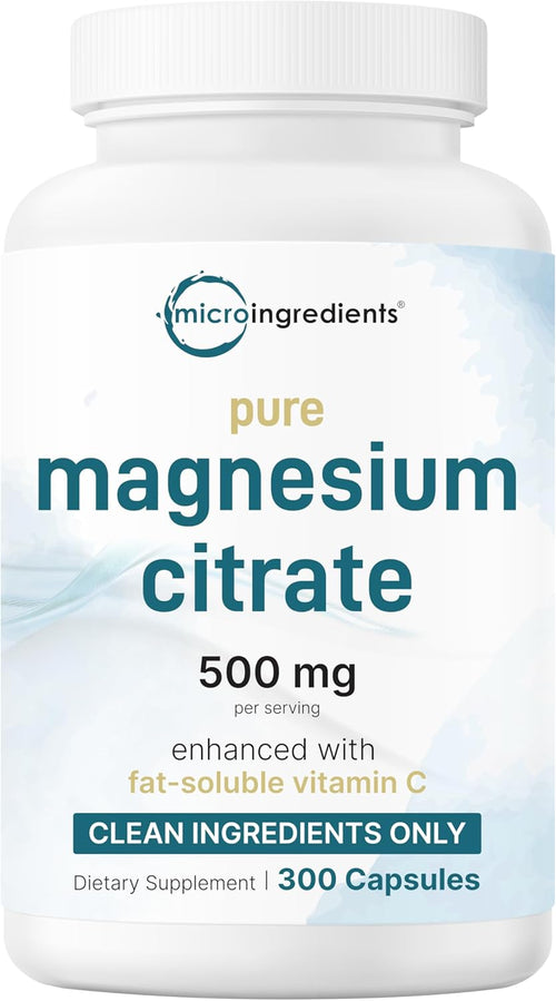 Pure Magnesium Citrate Supplements 500mg, 300 Capsules - Fat-Soluble Vitamin C Added - 100% Chelated - Only Active Ingredients