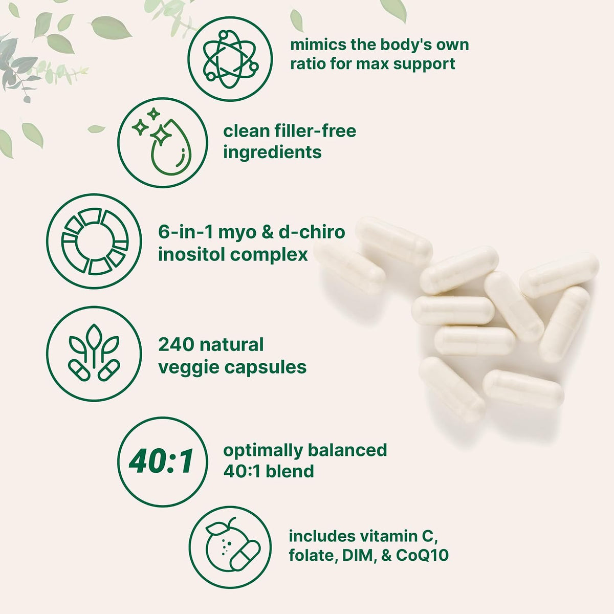 Myo-Inositol & D-Chiro Inositol 2,050mg - 240 Veggie Capsules + Vitamin C, Folate, DIM, & CoQ10 - Inositol Supplement for Women - 40:1 Ratio - Hormonal Balance & Ovarian Support - Filler Free