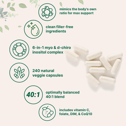 Myo-Inositol & D-Chiro Inositol 2,050mg - 240 Veggie Capsules + Vitamin C, Folate, DIM, & CoQ10 - Inositol Supplement for Women - 40:1 Ratio - Hormonal Balance & Ovarian Support - Filler Free